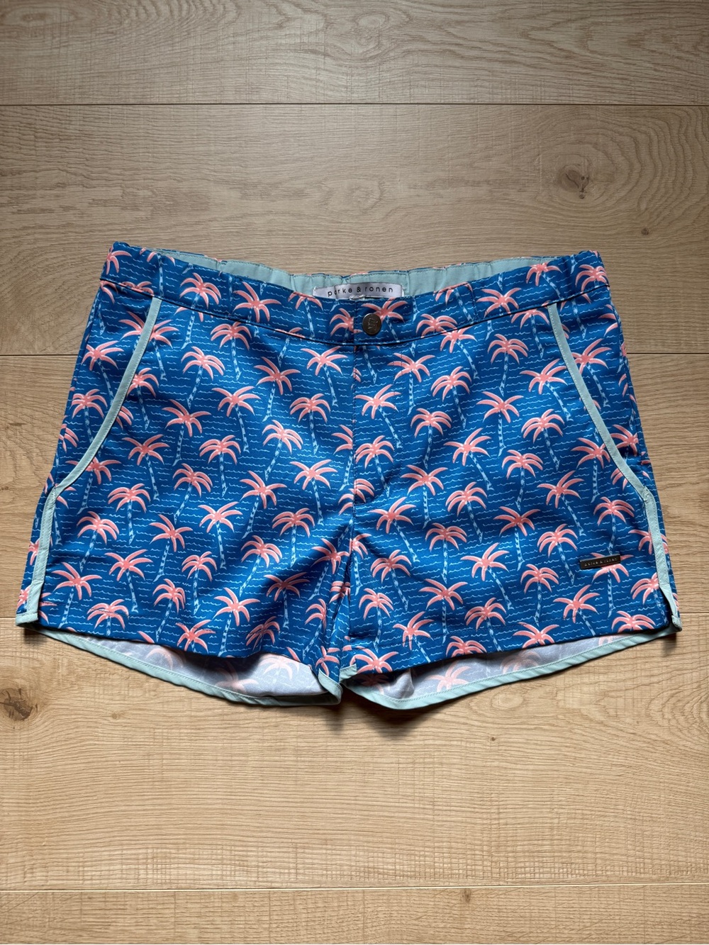 Parke & Ronen Men’s Indigo Blue Coral Pink Palm Print 3 inch Swim Trunk | NWOT